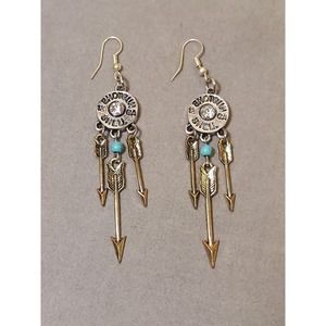 Ladies Dangling Shotgun Shell 12 Gauge Bullet Earrings With Arrows, Blue Beads